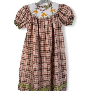 NWT Stellybelly girls size 5 Orange and white plaid pumpkin‎ smocked dress